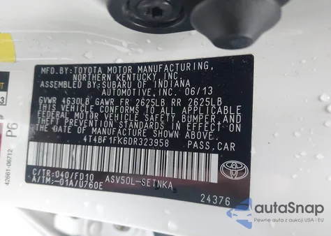 2013 Toyota Camry Le z USA, uszkodzony, nr VIN 4T4BF1FK6DR323958